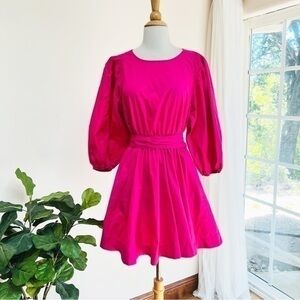 Anthropologie hot pink puffed sleeves mini dress